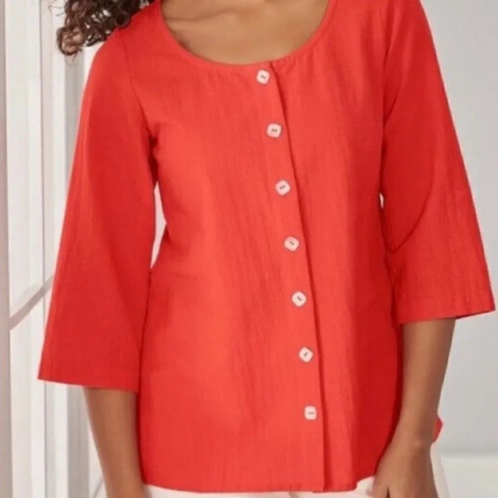 Soft Surroundings gauze bar harbor button front 3/4 sleeve top